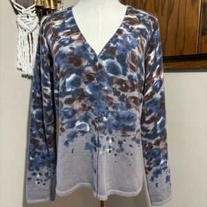 Vintage Wool Rabbit Hair V Neck Button Up Cardigan Sweater Size Large Abstract